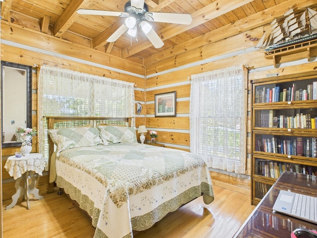 1150 Pin Hook Rd, Spring City, TN 37381 - bedroom featuring a wood ceiling with exposed beams, wood finished floors, multiple windows, and wooden walls