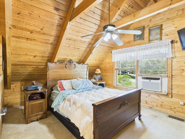 1150 Pin Hook Rd, Spring City, TN 37381 - bedroom with wood ceiling, wood walls, light colored carpet, cooling unit, and ceiling fan