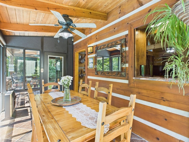 1150 Pin Hook Rd, Spring City, TN 37381 - dining room with a wood ceiling with exposed beams, ceiling fan, and wooden walls