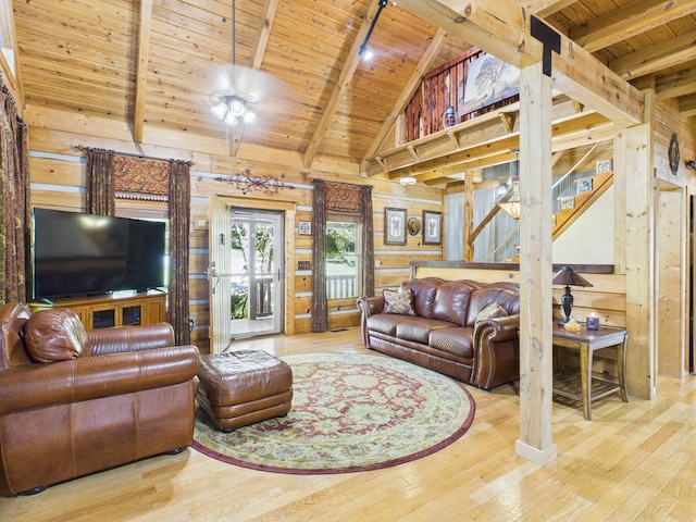 1150 Pin Hook Rd, Spring City, TN 37381 - living area with a wooden ceiling with exposed beams, wood walls, hardwood / wood-style floors, stairs, and high vaulted ceiling
