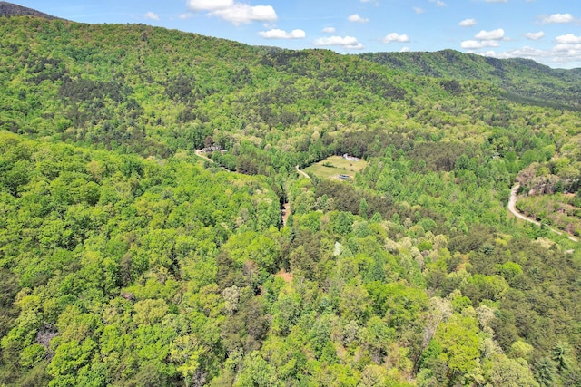 aerial view featuring a view of trees and a mountain view