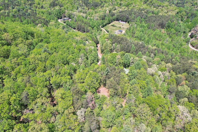 bird's eye view with a wooded view