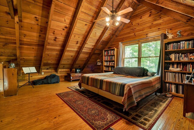 bedroom featuring vaulted ceiling with beams, wood ceiling, wood finished floors, and wooden walls