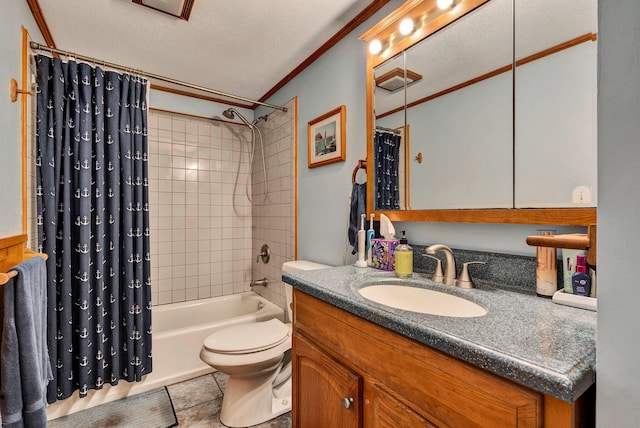 bathroom featuring tile patterned flooring, shower / tub combo, vanity, toilet, and ornamental molding