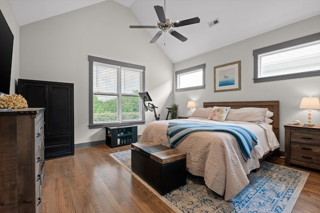 1422 Adams St, Chattanooga, TN 37408 - bedroom with high vaulted ceiling, light wood-style flooring, ceiling fan, and baseboards