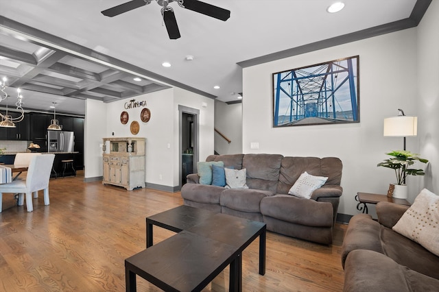 1422 Adams St, Chattanooga, TN 37408 - living area featuring recessed lighting, ceiling fan, light wood-style flooring, beamed ceiling, and baseboards