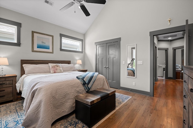 1422 Adams St, Chattanooga, TN 37408 - bedroom with wood finished floors, high vaulted ceiling, a closet, ceiling fan, and baseboards