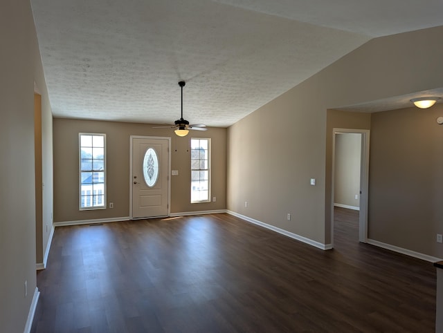 foyer entrance with lofted ceiling, a healthy amount of sunlight, dark hardwood / wood-style flooring, and a textured ceiling