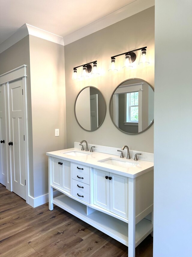 110 Dakota Dr NE, Cleveland, TN 37323 - bathroom with double vanity, wood finished floors, baseboards, and ornamental molding