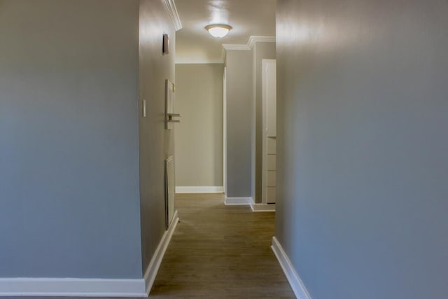 corridor with dark hardwood / wood-style flooring and ornamental molding