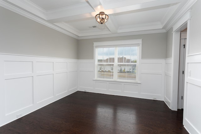 empty room featuring beamed ceiling, crown molding, dark wood-type flooring, and coffered ceiling