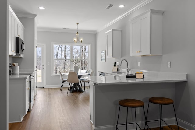 kitchen with a sink, wood finished floors, light countertops, white cabinets, and electric stove