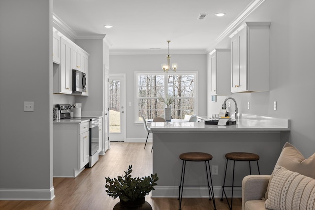 kitchen featuring white cabinets, appliances with stainless steel finishes, wood finished floors, and a kitchen breakfast bar