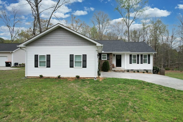 ranch-style house with a front yard, concrete driveway, and crawl space