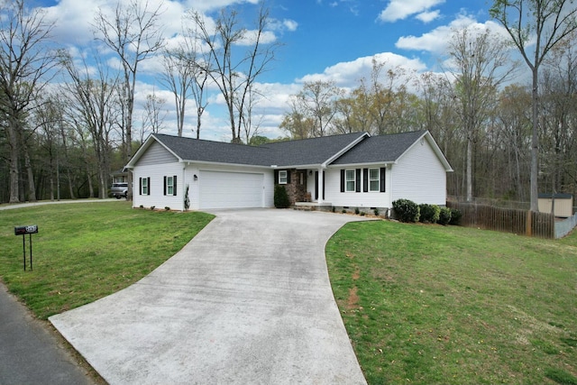 single story home with concrete driveway, fence, an attached garage, crawl space, and a front yard