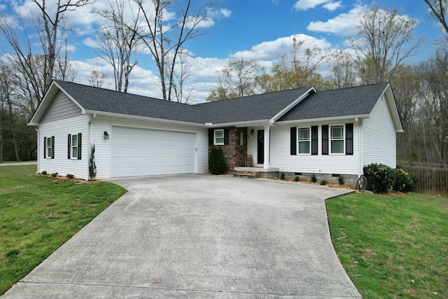 single story home with driveway, a front yard, fence, an attached garage, and crawl space