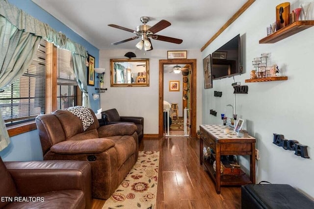 living room with wood-type flooring and ceiling fan