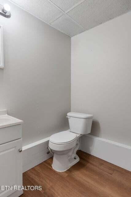 bathroom featuring wood-type flooring, a drop ceiling, vanity, and toilet