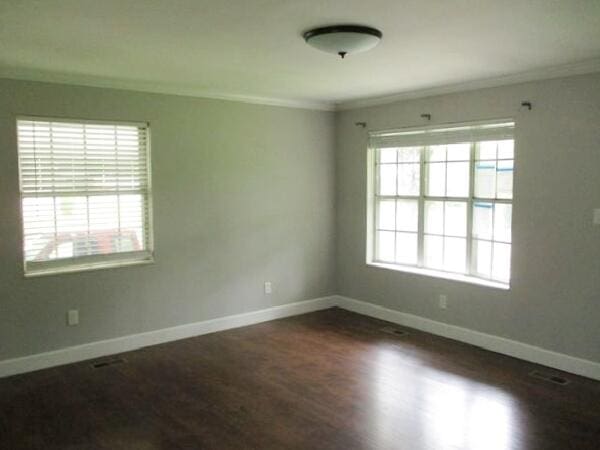 unfurnished room with crown molding, plenty of natural light, wood finished floors, and baseboards