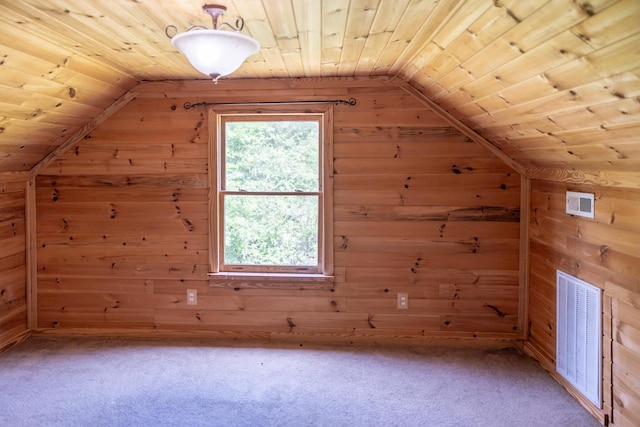 11249 Possum Trail Rd, Harrison, TN 37341 - additional living space with wood walls, lofted ceiling, wooden ceiling, and carpet floors