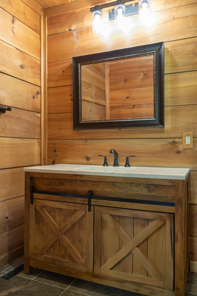 11249 Possum Trail Rd, Harrison, TN 37341 - bathroom with vanity, wood walls, and tile patterned flooring