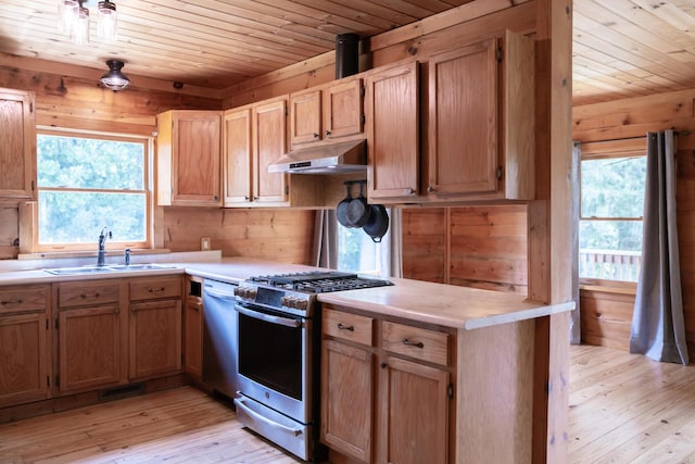 11249 Possum Trail Rd, Harrison, TN 37341 - kitchen featuring appliances with stainless steel finishes, under cabinet range hood, wooden ceiling, a sink, and light wood-type flooring