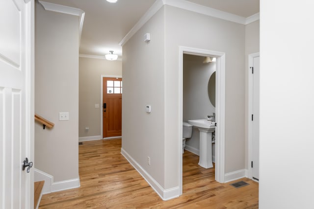 hall featuring ornamental molding, sink, and light wood-type flooring