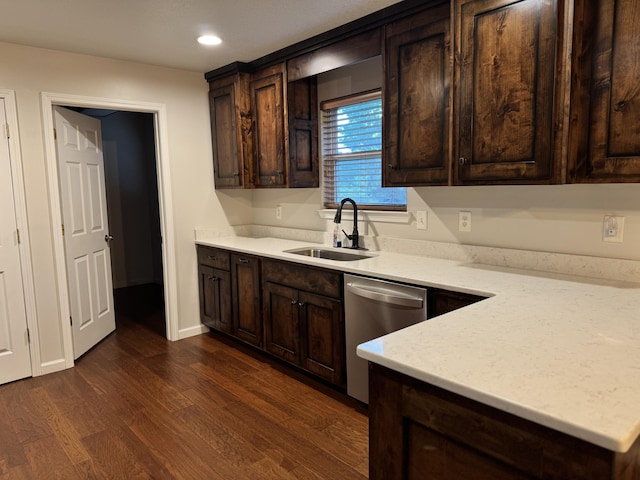 140 Croft Chapel Rd, Turtletown, TN 37391 - kitchen featuring stainless steel dishwasher, a sink, dark brown cabinets, dark wood finished floors, and recessed lighting