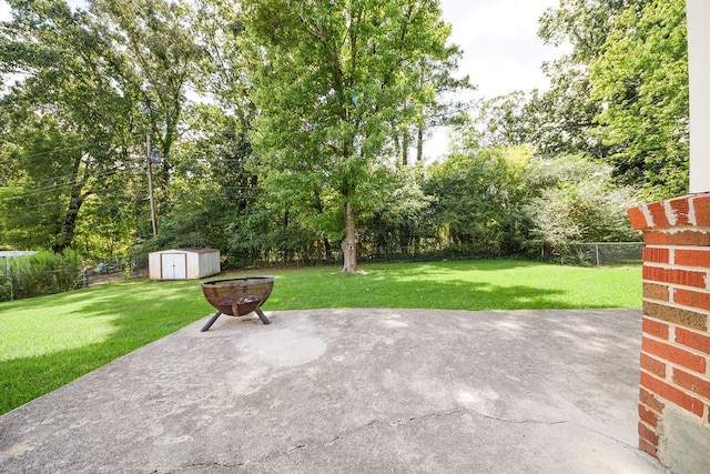 view of patio / terrace featuring a shed