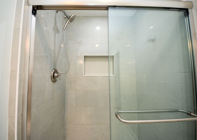 bathroom featuring a shower with door