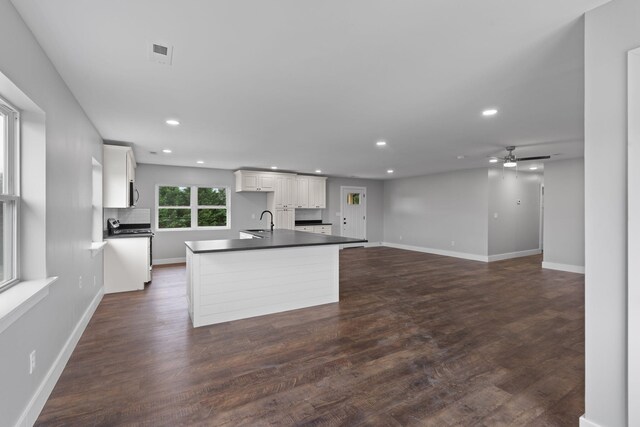 2517 No Pone Rd NW, Georgetown, TN 37336 - kitchen featuring recessed lighting, a ceiling fan, white cabinetry, dark countertops, and dark wood-style floors