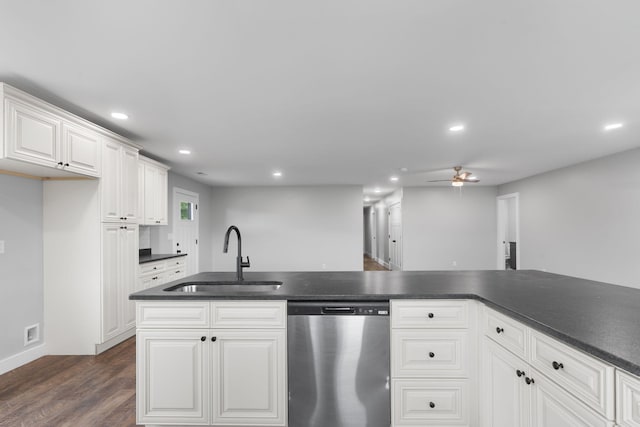 2517 No Pone Rd NW, Georgetown, TN 37336 - kitchen with stainless steel dishwasher, dark countertops, recessed lighting, dark wood-style flooring, and a ceiling fan