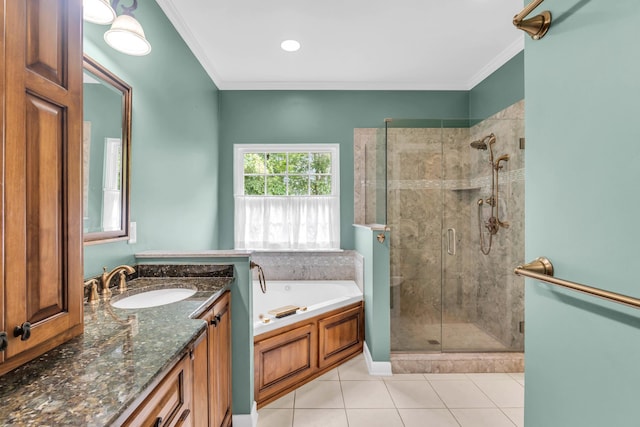 1028 Ivy Manor Ct, Hixson, TN 37343 - bathroom with a stall shower, a garden tub, vanity, tile patterned floors, and crown molding
