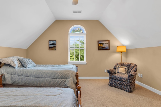 1028 Ivy Manor Ct, Hixson, TN 37343 - bedroom featuring carpet floors, vaulted ceiling, baseboards, and a ceiling fan