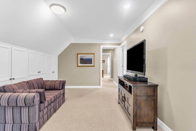 1028 Ivy Manor Ct, Hixson, TN 37343 - living room with light colored carpet, crown molding, baseboards, recessed lighting, and lofted ceiling