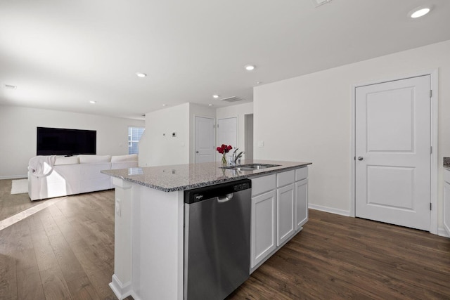 kitchen with dark wood-style floors, stone countertops, white cabinetry, a sink, and dishwasher