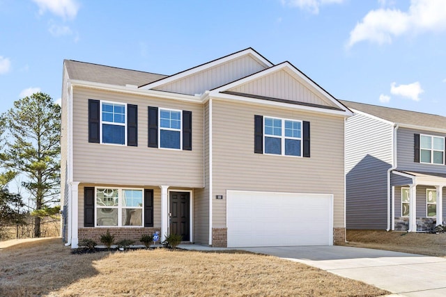 view of front of property with driveway, brick siding, board and batten siding, and an attached garage