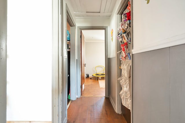 corridor with ornamental molding and dark wood-type flooring