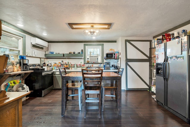 dining area featuring a textured ceiling, dark hardwood / wood-style flooring, a wall mounted AC, and cooling unit