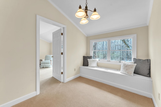 unfurnished room featuring lofted ceiling, crown molding, baseboards, light colored carpet, and a chandelier