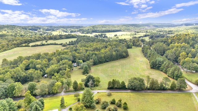 bird's eye view featuring a rural view and a view of trees