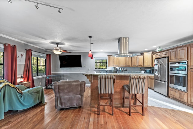 kitchen with plenty of natural light, open floor plan, island exhaust hood, stainless steel appliances, and a kitchen bar