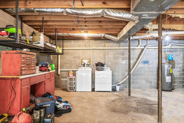 unfinished below grade area featuring washing machine and dryer and water heater