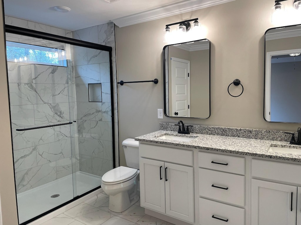 bathroom featuring crown molding, a shower with door, vanity, and toilet