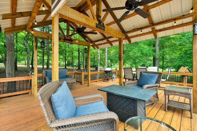 1010 Bradford Pl, Cohutta, GA 30710 - wooden terrace with ceiling fan, a gazebo, and an outdoor hangout area