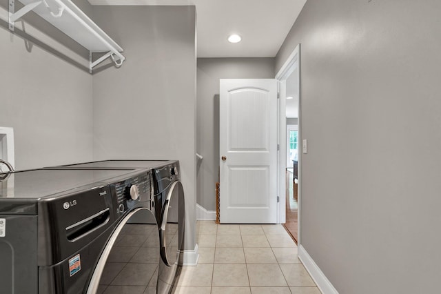 1010 Bradford Pl, Cohutta, GA 30710 - clothes washing area featuring independent washer and dryer, baseboards, light tile patterned floors, and recessed lighting
