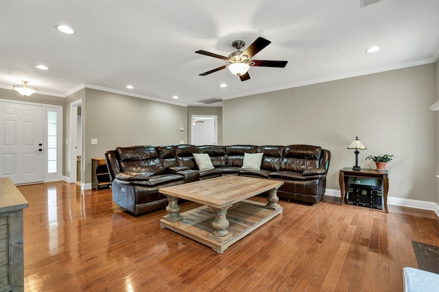 1010 Bradford Pl, Cohutta, GA 30710 - living area with a ceiling fan, baseboards, hardwood / wood-style floors, recessed lighting, and crown molding