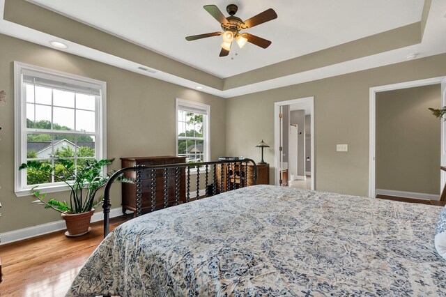 1010 Bradford Pl, Cohutta, GA 30710 - bedroom with baseboards, wood finished floors, a tray ceiling, ceiling fan, and recessed lighting