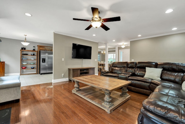 1010 Bradford Pl, Cohutta, GA 30710 - living room with a ceiling fan, crown molding, wood finished floors, recessed lighting, and baseboards