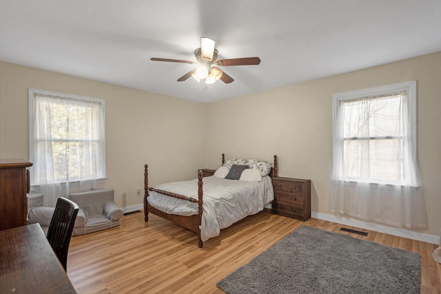 bedroom with ceiling fan and light hardwood / wood-style floors